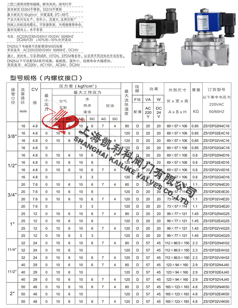 ZS直动式电磁阀技术参数